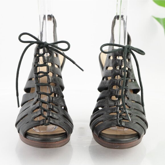 Cole Haan Womens Haven Sandals Size 8 Black Leather Gladiator Lace Up Wedge Heel - Picture 2 of 13
